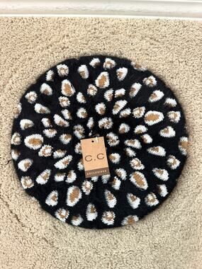 C.C | Leopard Print Fuzzy Beret Hat Rhinestone Studded Cozy NWT | One Size